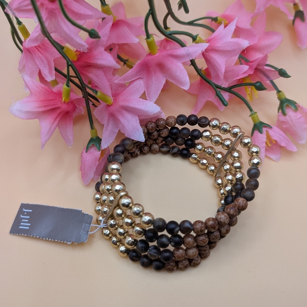 J. JILL Gold & Brown Boho Beaded Four Strand Stretch Bracelet NWT $39